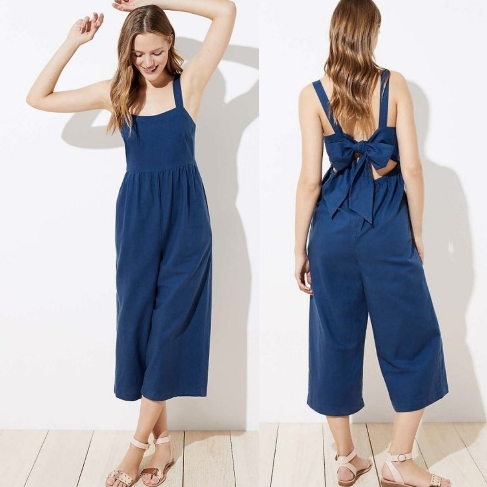 LOFT Beach | Blue Linen Blend Tie Back Cropped Jumpsuit Size Small W/ Pockets